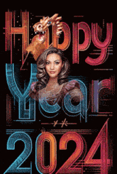 a poster that says happy new year 2024 with a woman and a dragon