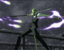 a man in a suit is holding a sword in his hand