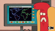 a cartoon character is looking at a computer screen that says cn