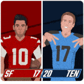a cartoon drawing of two football players with the number 10 and 17