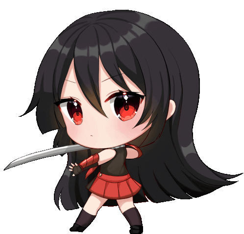 a girl with long black hair and red eyes holds a sword