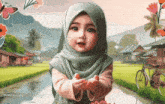 a little girl wearing a hijab is standing in front of a river