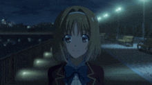 a girl in a school uniform is walking down a dark street