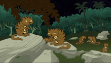 a cartoon of a group of tigers standing on rocks