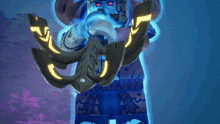 a close up of a lego character with red eyes and a sword