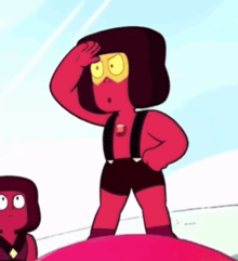 ruby from steven universe is wearing shorts and suspenders and saluting while standing next to a girl .