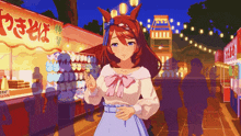 a cartoon of a girl standing in front of a food stand that says ' noodles ' on it