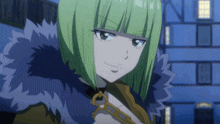 a girl with green hair is wearing a fur collar