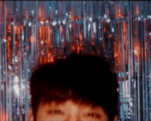 a close up of a person 's face in front of a curtain of tinsel .