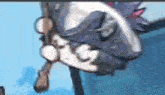 a close up of a cartoon character 's face with a purple flower on it .
