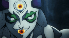 a close up of a cartoon character with chinese writing on his face