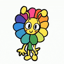 a cartoon drawing of a rainbow flower with a bee on it 's head .