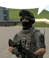 a man wearing a helmet and a mask holds a rifle