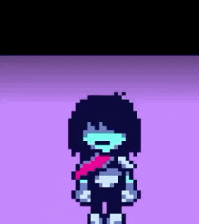 kris from undertale is a pixel art character with a scarf around her neck .