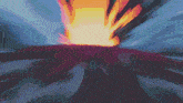 a computer generated image of a volcano erupting with a blue sky in the background