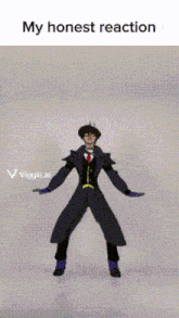 a cartoon of a man dancing with the words my honest reaction at the top