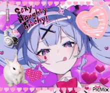 a picture of a girl with the words sexy naughty bitchy written on it