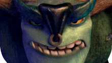 a close up of a cartoon character 's face with a horn on his head
