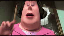 a woman in a pink shirt is holding a pencil in front of a picture