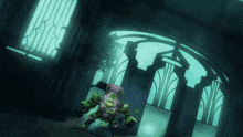 a green robot is standing in a dark room with columns