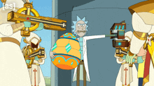 a cartoon of rick and morty holding guns and a giant egg