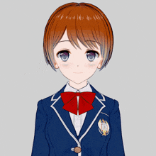 a girl with short red hair is wearing a blue school uniform with a badge that says ' tokyo univ ' on it
