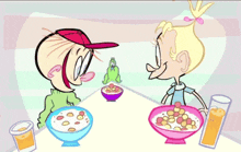 a cartoon of a boy and a girl eating cereal