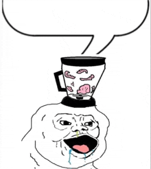 a cartoon of a man with a blender on his head and a speech bubble .