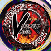 a logo for versatile voice has a red and black circle