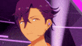 a close up of a anime character with purple hair and a microphone in his ear