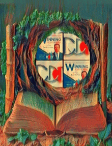 a painting of an open book with four boxes of winning cds