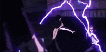 a man in a suit is being struck by a lightning bolt while another man watches .
