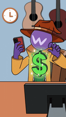 a cartoon of a man holding a cell phone and a dollar sign coming out of his head