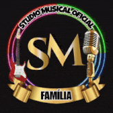 a logo for studio musical official familia with a guitar and microphone