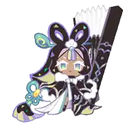 a cartoon character is holding a fan and has a peacock feather on her head