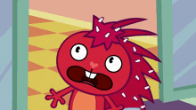 a red cartoon character with a surprised look on its face