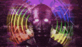 a close up of a person 's face with a purple background