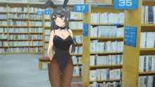 a girl in a bunny suit is standing in a library near a sign that says 35