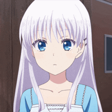 a girl with white hair and blue eyes is looking at the camera