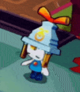 a cartoon character wearing a blue hat and a blue shirt is standing on a green floor .