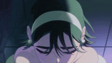 a woman with green hair and pearls on her earrings