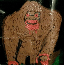 a drawing of a gorilla with blood dripping from its mouth and red eyes