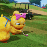 a cartoon duck with a pink bow on her head is playing golf