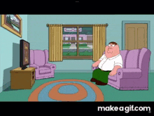 peter griffin is sitting on a couch watching tv