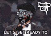 a man in a tuxedo is holding a microphone with the words let 's get ready to below him