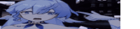 a blue haired anime girl is pointing her finger at something .