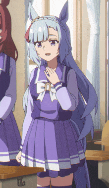 a girl with long blue hair is wearing a purple uniform