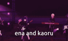 a man with purple hair and a top hat is standing in front of a purple background with the words ena and kaoru .