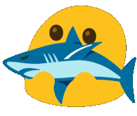 a yellow smiley face with a blue shark behind it
