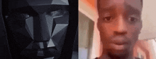 a man wearing a mask next to a picture of a man with a red face .